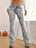 Mid-Low Waist Stretch Flared Jeans Women'S American Vintage Snowflake Washed Gray Slim Fit Stretch Flared Trousers Leg-Lengthening -Lifting Spicy Street Style Casual Outing Denim Trousers - Grey