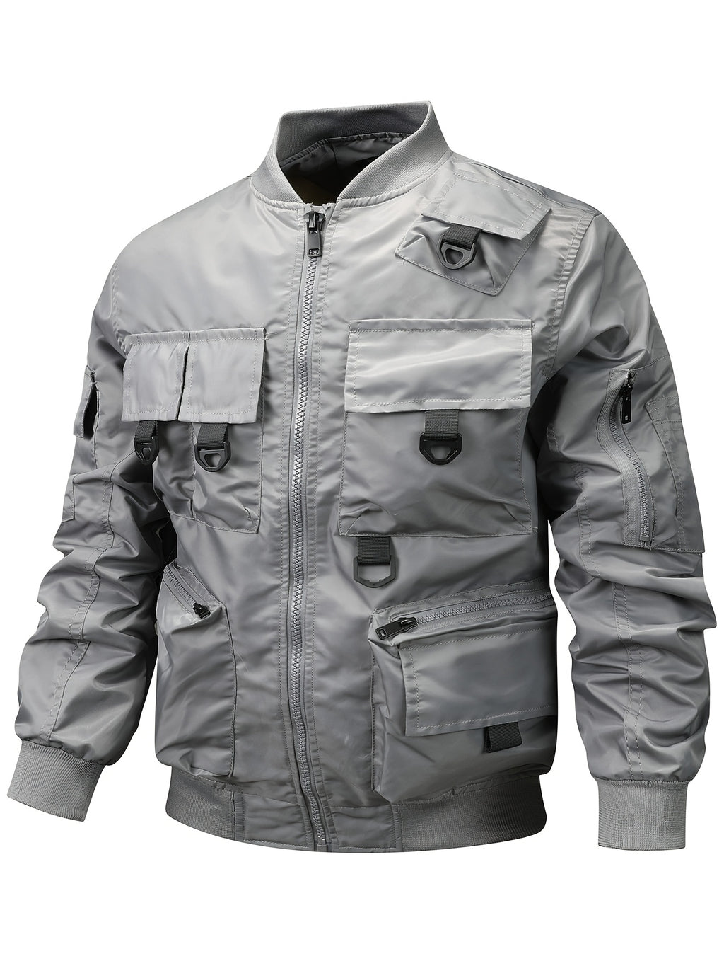 Men's Functional Style Baseball Collar Workwear Jacket, Trendy Multi-Pocket Design, Vintage Pilot Jacket Style, Suitable for Spring and Autumn, Daily Outings, and Outdoor Commuting Workwear Jacket - Grey