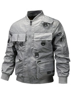 Men's Functional Style Baseball Collar Workwear Jacket, Trendy Multi-Pocket Design, Vintage Pilot Jacket Style, Suitable for Spring and Autumn, Daily Outings, and Outdoor Commuting Workwear Jacket - Grey