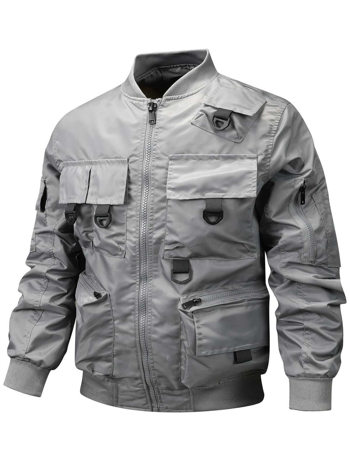 Men's Functional Style Baseball Collar Workwear Jacket, Trendy Multi-Pocket Design, Vintage Pilot Jacket Style, Suitable for Spring and Autumn, Daily Outings, and Outdoor Commuting Workwear Jacket - Grey