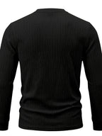 1pc Men's Casual Jacquard Henley Shirt, Autumn/Winter Stretchy Striped Jacquard Textured Fabric Long-Sleeve Polo Shirt, Outdoor Sports Versatile Base Layer Top - Black