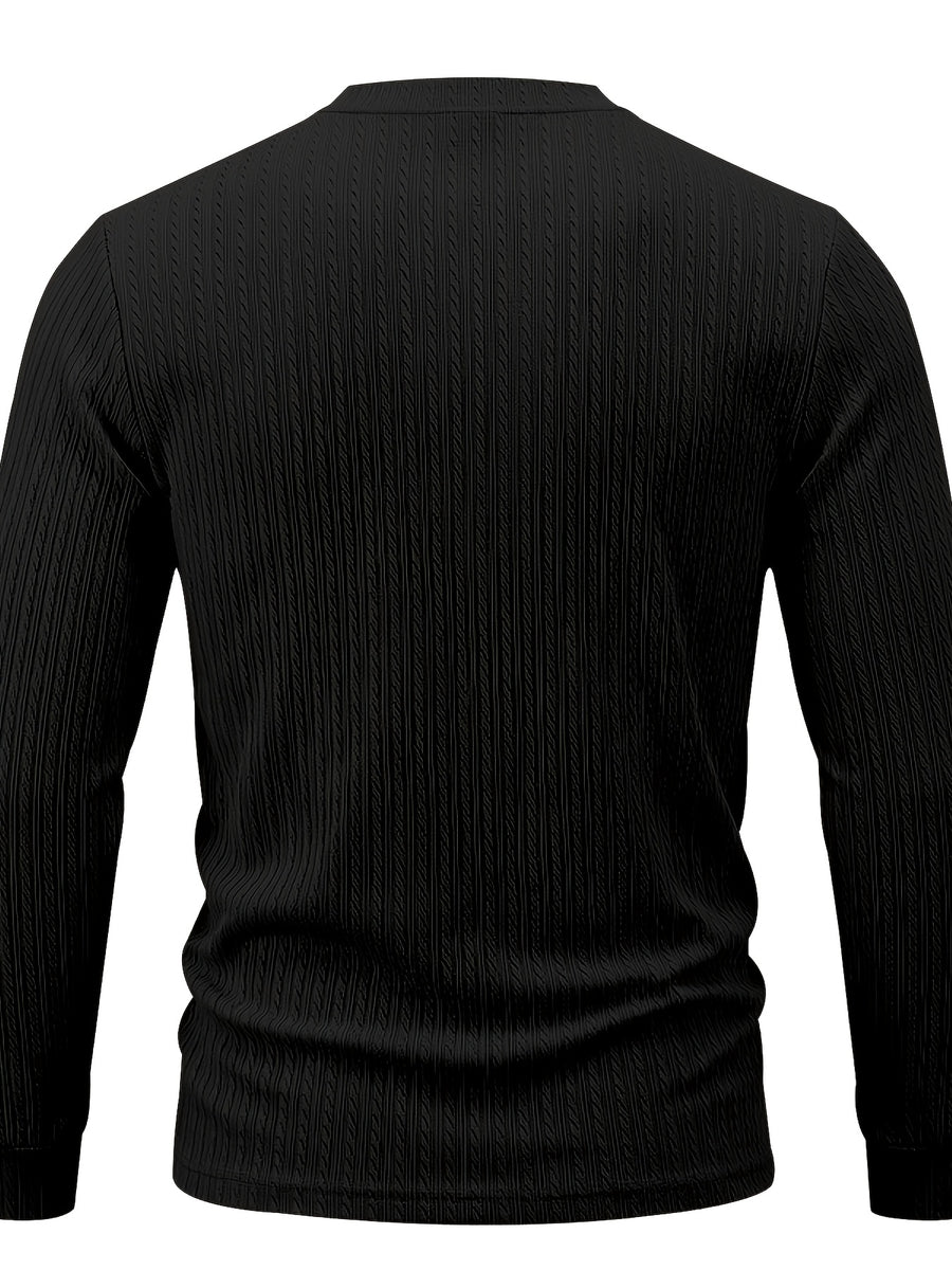 1pc Men's Casual Jacquard Henley Shirt, Autumn/Winter Stretchy Striped Jacquard Textured Fabric Long-Sleeve Polo Shirt, Outdoor Sports Versatile Base Layer Top - Black