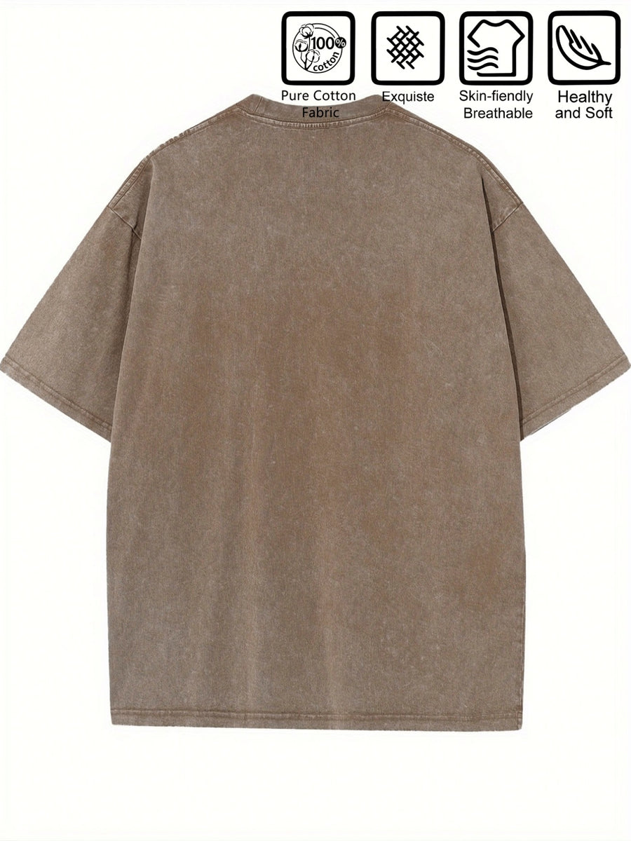 Men's New Washed Distressed Short Sleeve T-Shirt, Trendy Clover Motif Streetwear, Perfect for Daily Versatile  Style, Soft and Breathable Top - Coffee Color
