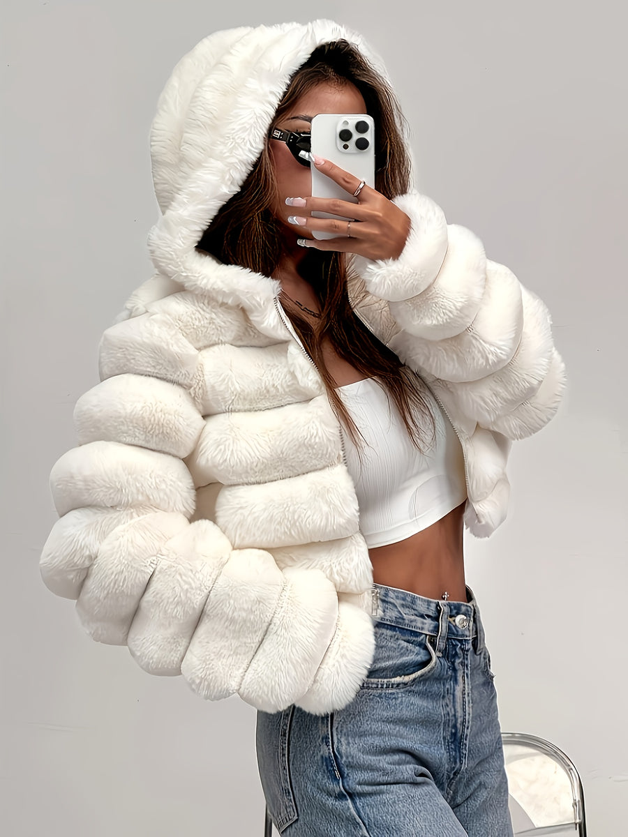New Autumn/Winter 3D Effect Women's Hooded Plush Jacket, a Stylish and Warm Autumn/Winter Outfit - White