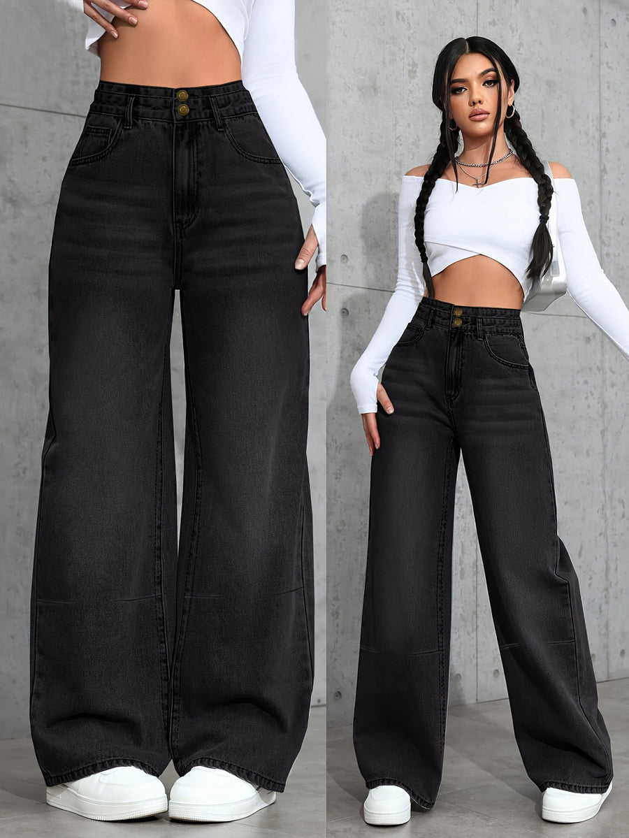 Breast Design Retro Black Jeans Women'S Fall Boyfriend Style Straight Leg Loose Casual Wide Leg Pants Halloween Denim Jeans - Black