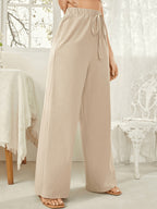 Women'S Elegant High Waist Straight Trousers Fake Drawstring Belt All Season Casual Pants - Apricot