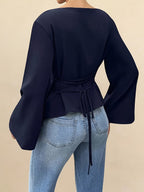 Women'S Solid Back Tie Flared Sleeve Blouse - Blue Navy