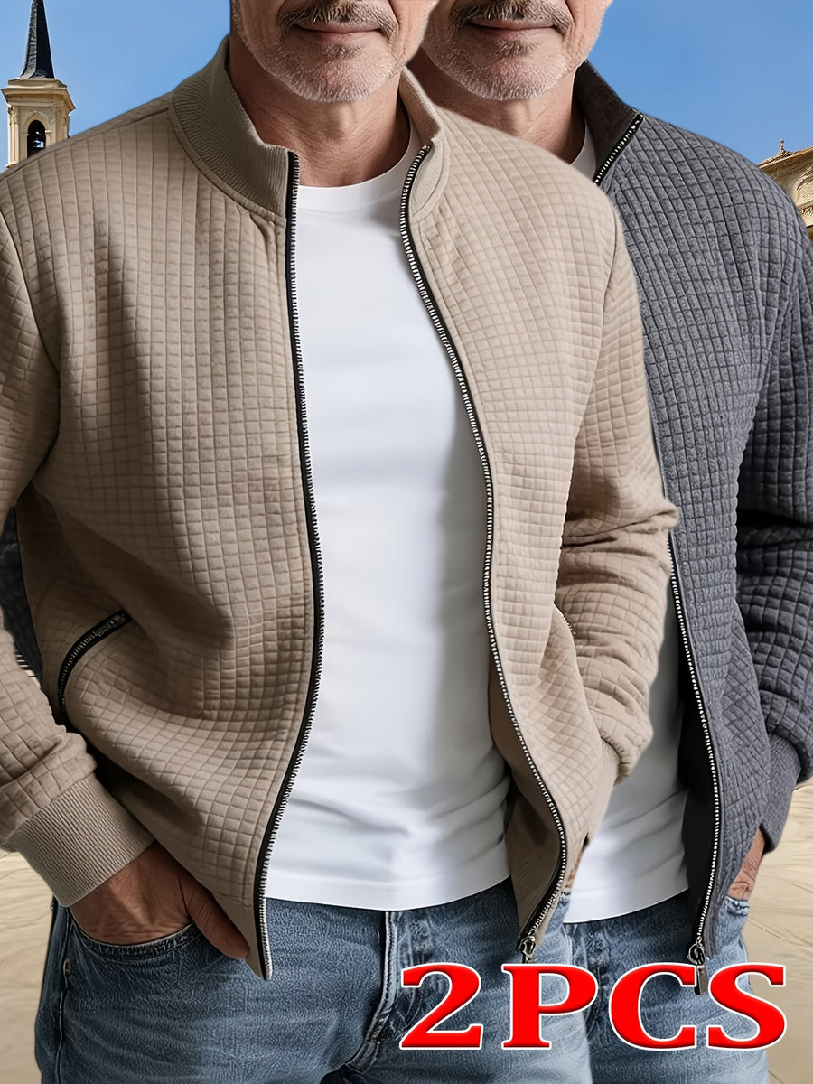 Spring/Autumn New Men's Solid Color Lapel Waffle Knit Long Sleeve Zipper Jacket, 2pcs Practical Outerwear for Outdoor Sports, Comfortable and Breathable Men's Jacket - Khaki+Grey