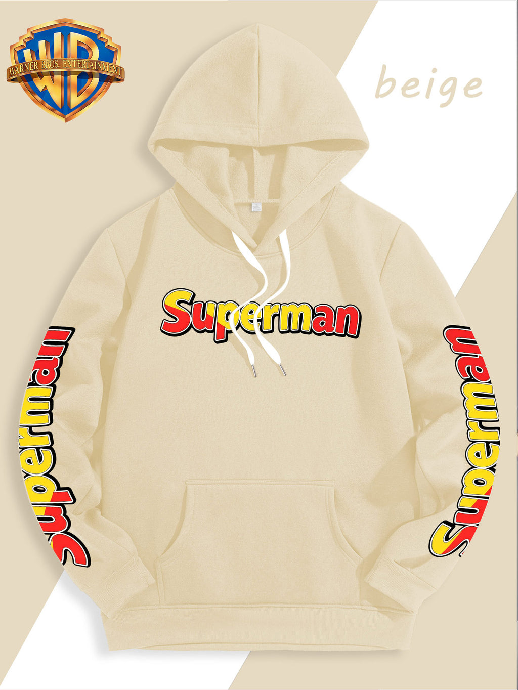 DC Superman Classic S Logo Print Hoodie American Casual Fall Winter Sweatshirt - Men'S Versatile Pullover, Cozy And Warm Fleece-Lined Top for Sports, Outdoor, Travel, Daily Wear, Commute, Home, Perfect Gift for Lovers And Friends - Unisex - Apricot
