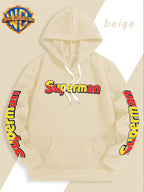 DC Superman Classic S Logo Print Hoodie American Casual Fall Winter Sweatshirt - Men'S Versatile Pullover, Cozy And Warm Fleece-Lined Top for Sports, Outdoor, Travel, Daily Wear, Commute, Home, Perfect Gift for Lovers And Friends - Unisex - Apricot