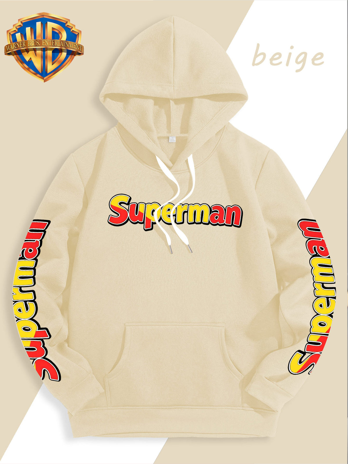 DC Superman Classic S Logo Print Hoodie American Casual Fall Winter Sweatshirt - Men'S Versatile Pullover, Cozy And Warm Fleece-Lined Top for Sports, Outdoor, Travel, Daily Wear, Commute, Home, Perfect Gift for Lovers And Friends - Unisex - Apricot
