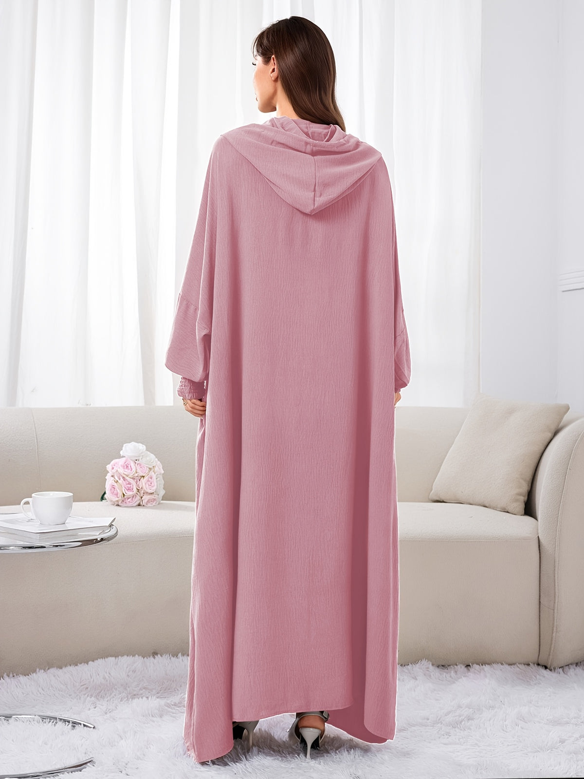 Plus Size - 1pc Ice Wrinkled Fabric Solid Color Loose Hooded Headscarf Women'S Fashion Abaya Suitable for Spring Summer Autumn Daily Wear Robe Foulard Femme Abaya Femme Foulard Abaya Femme - Pink Color