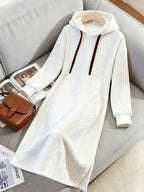 Women's Autumn Long Sleeve Drawstring Hooded Casual Sweatshirt Dress - White