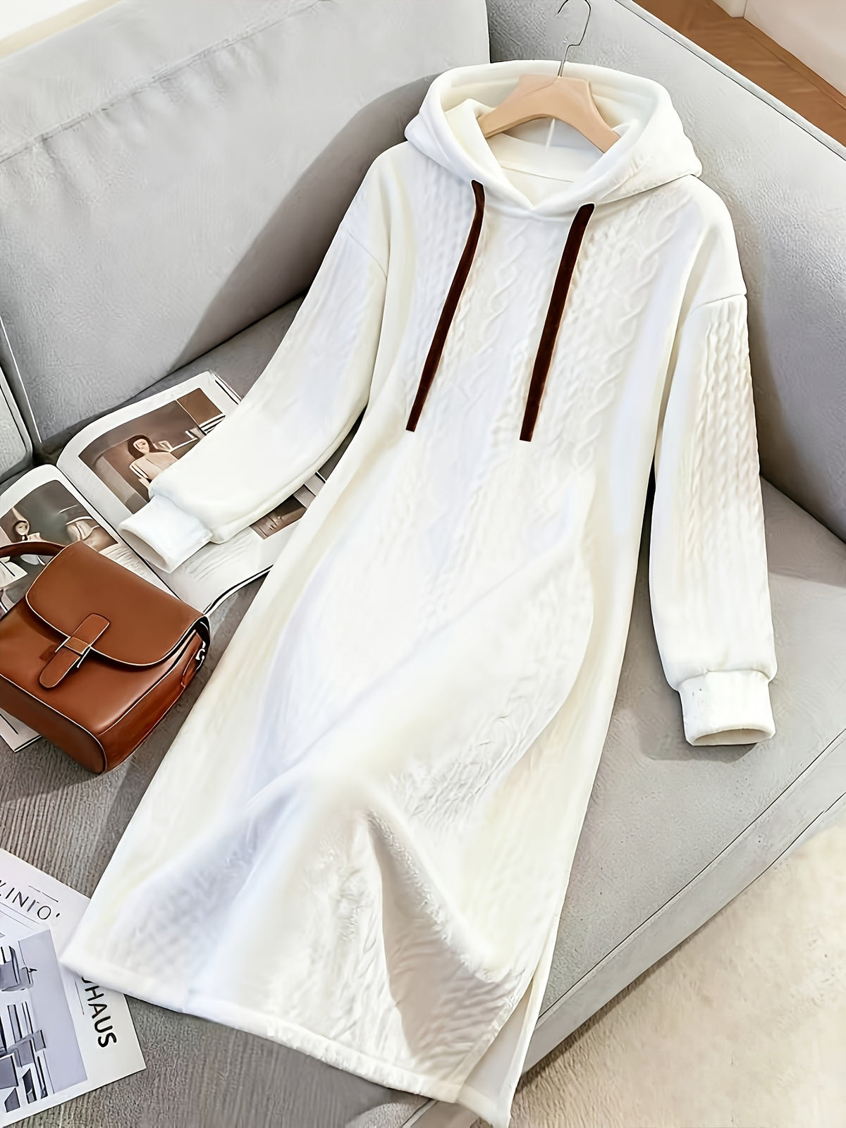 Women's Autumn Long Sleeve Drawstring Hooded Casual Sweatshirt Dress - White