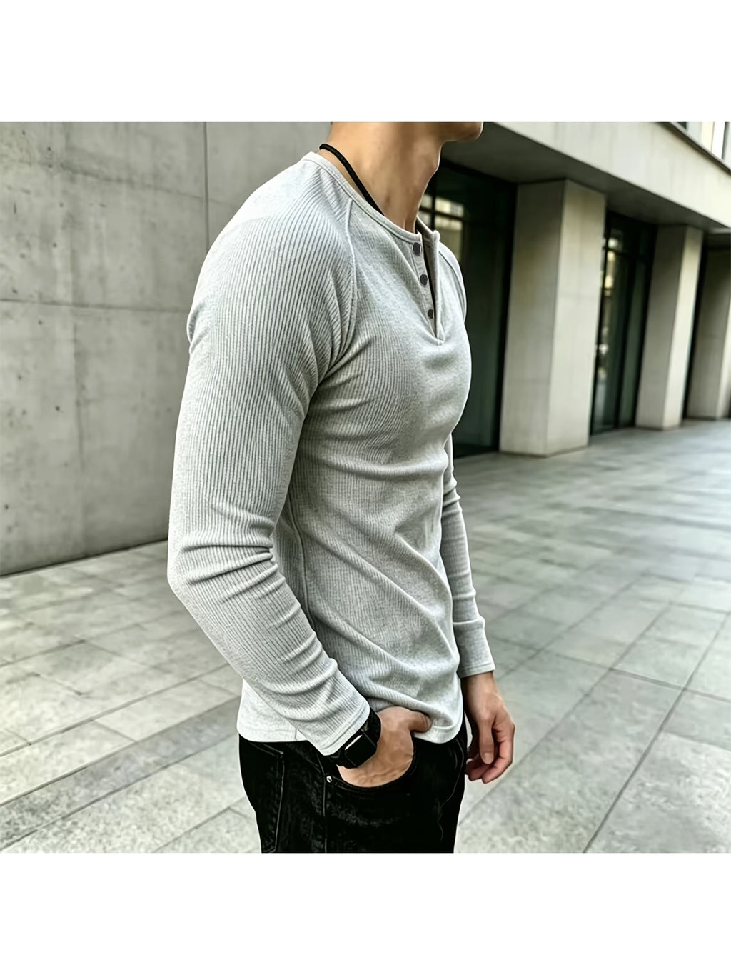Men Long Sleeve Henley T-Shirt, Loose Trendy Brand Designed Top, Vertical Ribbed Knit Pullover, Breathable Comfort Fashion Casual Tee, Raglan Sleeve Half Button Placket Shirts for Daily Outfits - Light Grey