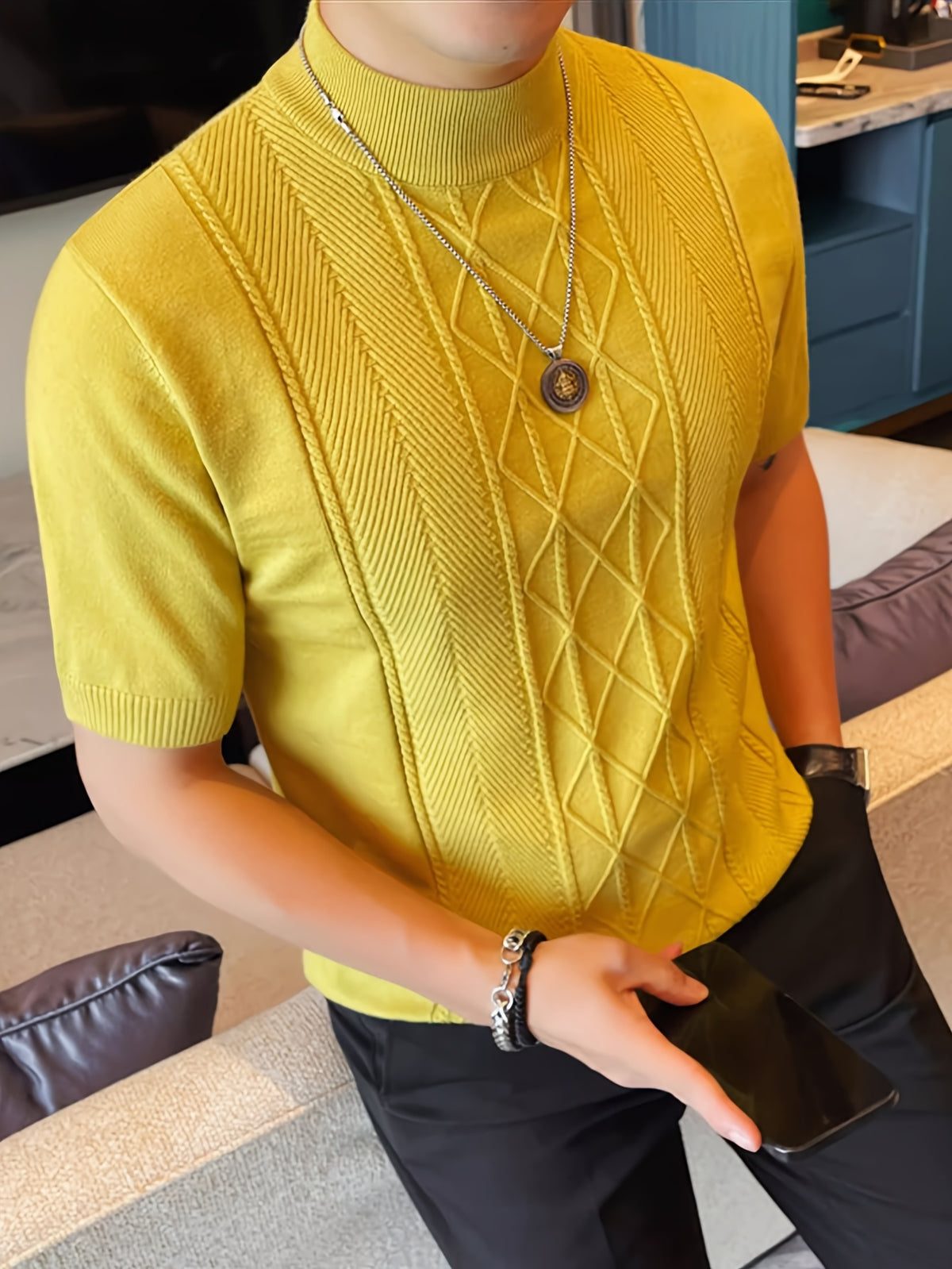 Men's New Solid Color Rhombus Fashion Semi-High Neck Knit Sweater, Spring/Summer Casual Short Sleeve Knit Top - Yellowish-brown