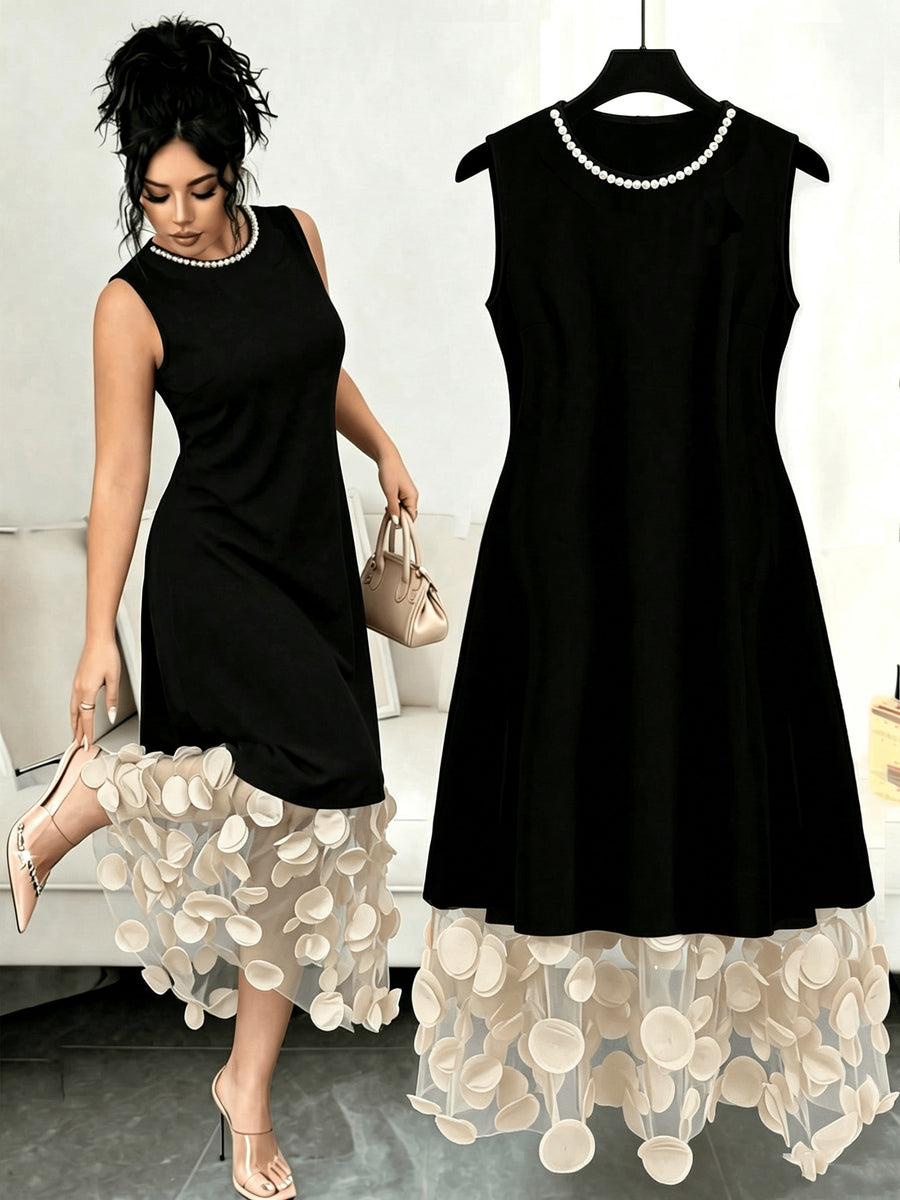 Fashion Solid Color Versatile Round Neck Elegant Women'S Dress, with 3D Patchwork Hem And Beaded Neckline, Summer New Style, Suitable for Elegant Daily Wear, Social Gatherings, Commuting, Outings, Vacations, And More - Apricot