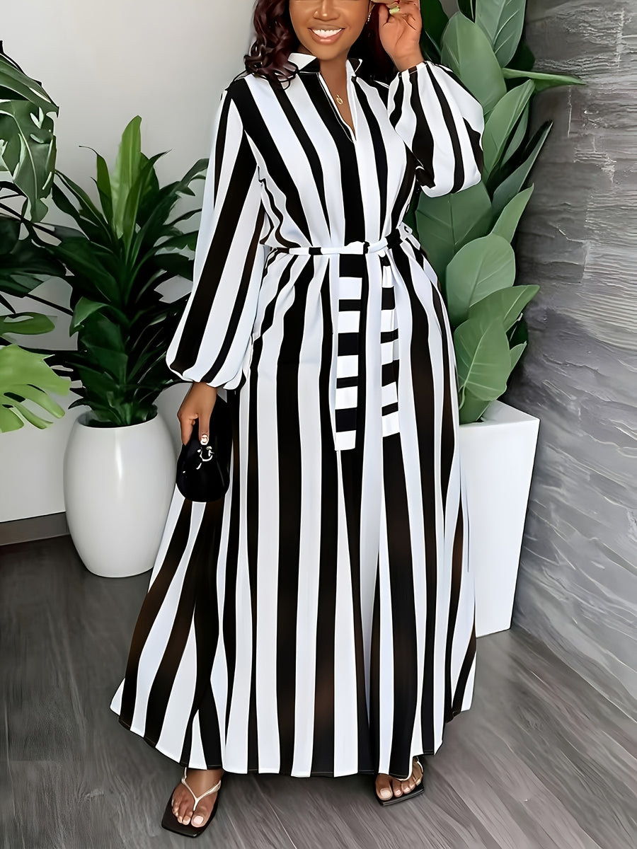 Striped Print V-Neck Dress | Long Sleeve, Belted, Casual Style, Suitable for Spring/Fall - Black