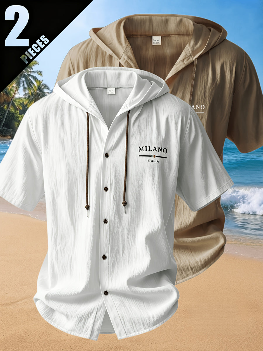 2pcs Men'S Summer Short Sleeve Shirt Set, Breathable And Skin-Friendly Linen Fabric, Trendy Hooded Style, Suitable for Beach Vacations, Beach Outings, And Casual Wear - Mixed Color 8