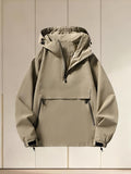 Men's Spring/Autumn Hooded Windbreaker Jacket, Loose Fit Plus Size Trendy Versatile Half-Zip Casual Workwear Jacket, Fashionable Thin Half-Zip Outerwear Suitable for Outdoor Sports, Travel, Hiking, and Adventure Wear - Khaki