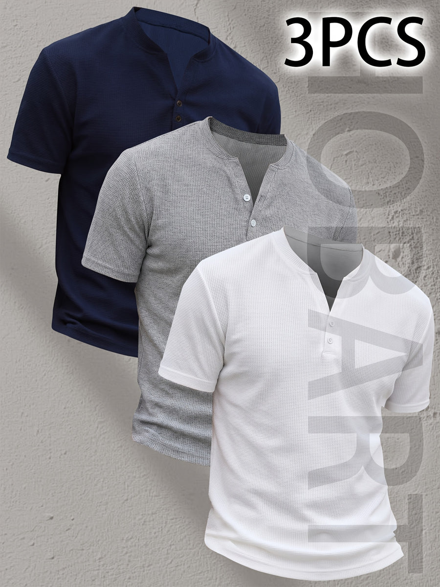 3pcs Men'S Henley Short Sleeve T-Shirts - Breathable Waffle Knit Summer Casual Tees with Button Front, Solid Color Round Neck, Machine Washable for Outdoor & Casual Wear, Stylish Button Detail, Lightweight Fabric, Easycare Material - Type 2