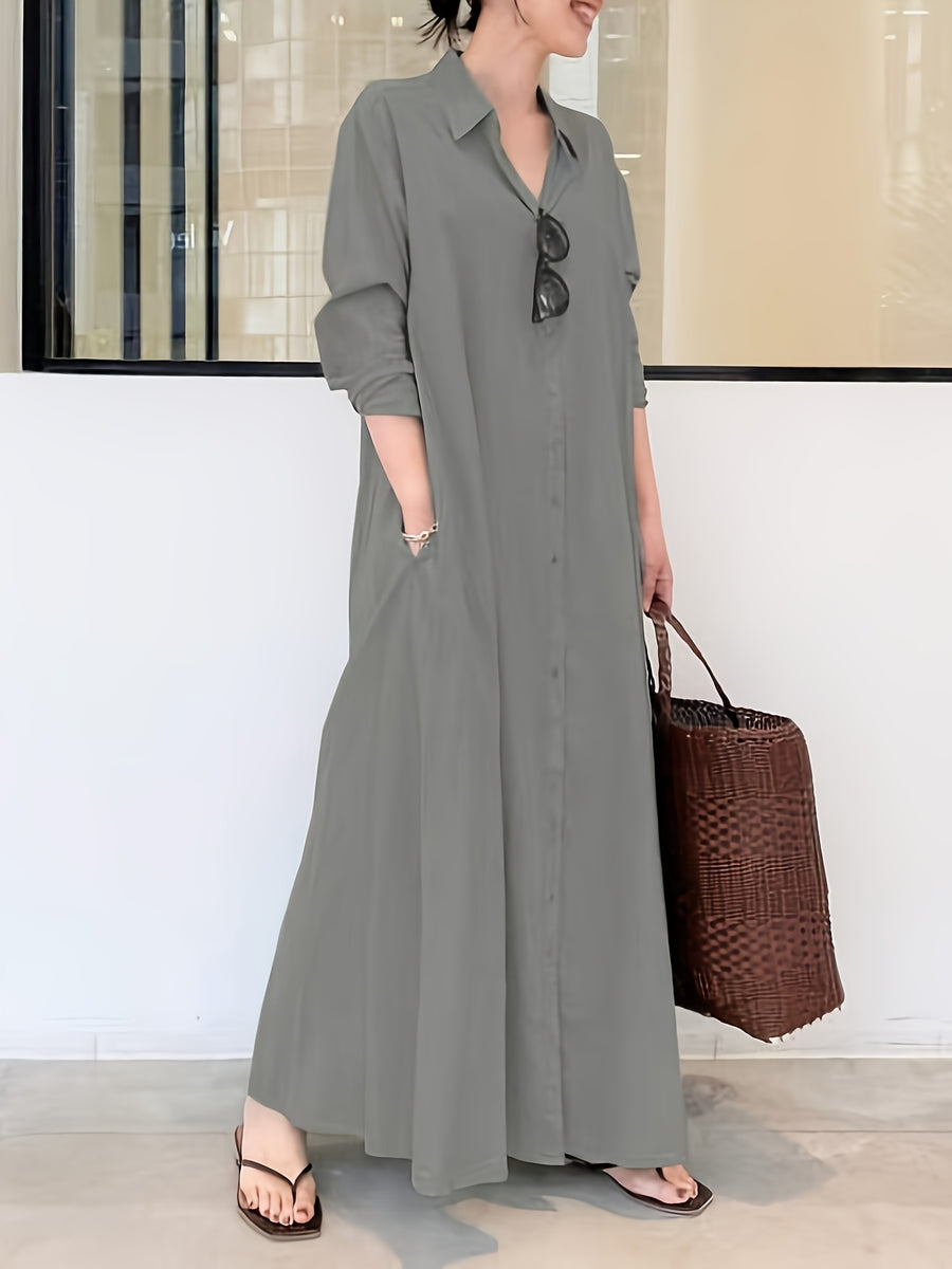 In Stock European And American New Solid Color Lapel Long Sleeve Pocket Easy Loose Casual Long Dress 1pc - Light Grey