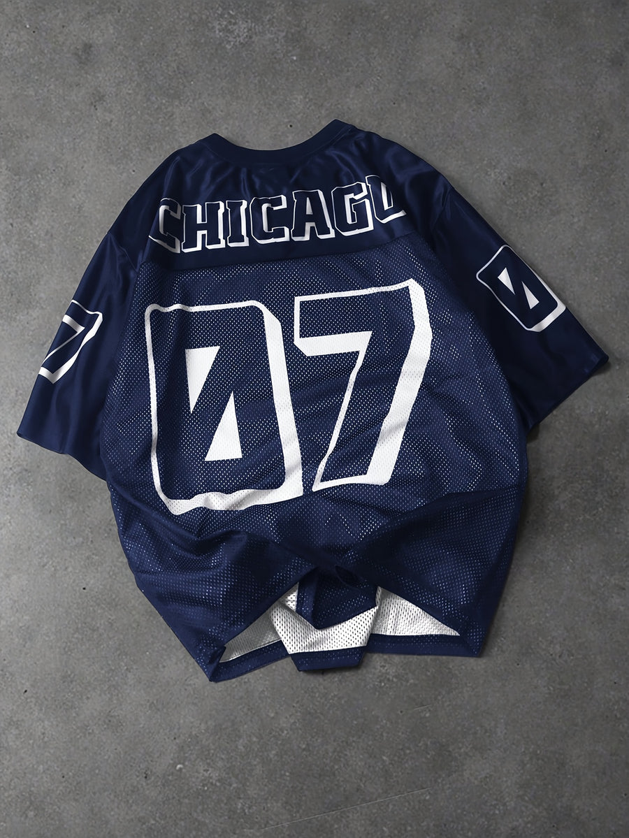 Men's American Vintage Street Style Number 07 Mesh Jersey, Breathable Quick-Dry Loose Drop-Shoulder Summer Outdoor Commuting Top - Blue