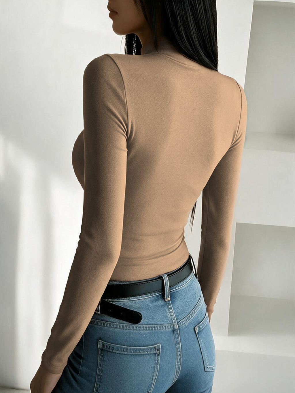 Women'S 2026 New Fashion Half-Neck Long Sleeve Body Suit, Casual Texture Fall Winter Style, Essential Base Layer for Fall Winter, Slim Sexy Comfortable Warm "Brooklyn New York Dotted Pattern" - Khaki
