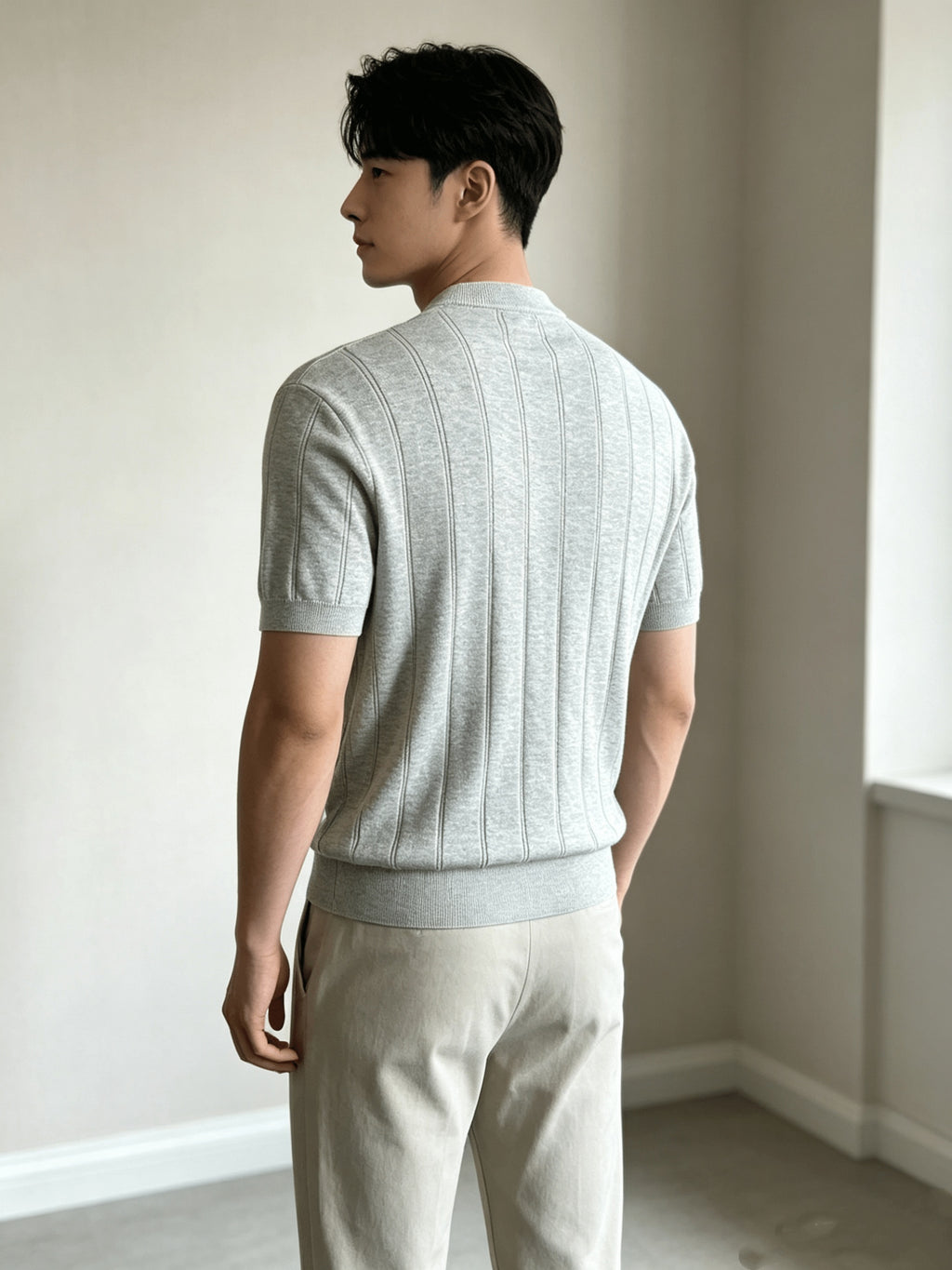 Old Money Style Knit Short Sleeve Men'S Summer Relaxed Round Neck Thick Rib Tencel Blend Half Sleeve Top - Light Grey