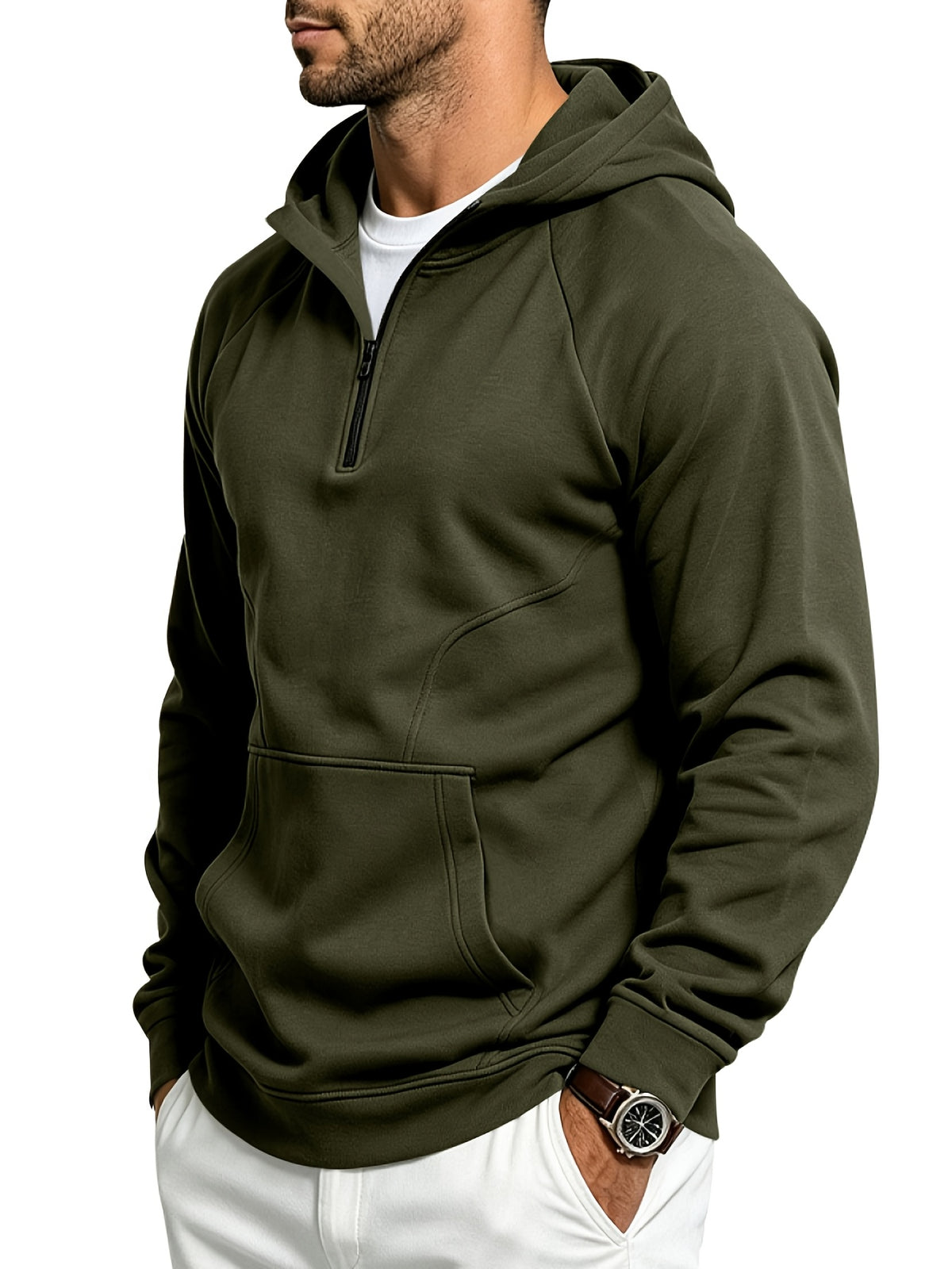Men's Autumn/Winter Outdoor Loose Fit Casual Sporty Fitness Spliced Hooded Sweatshirt - Military Green