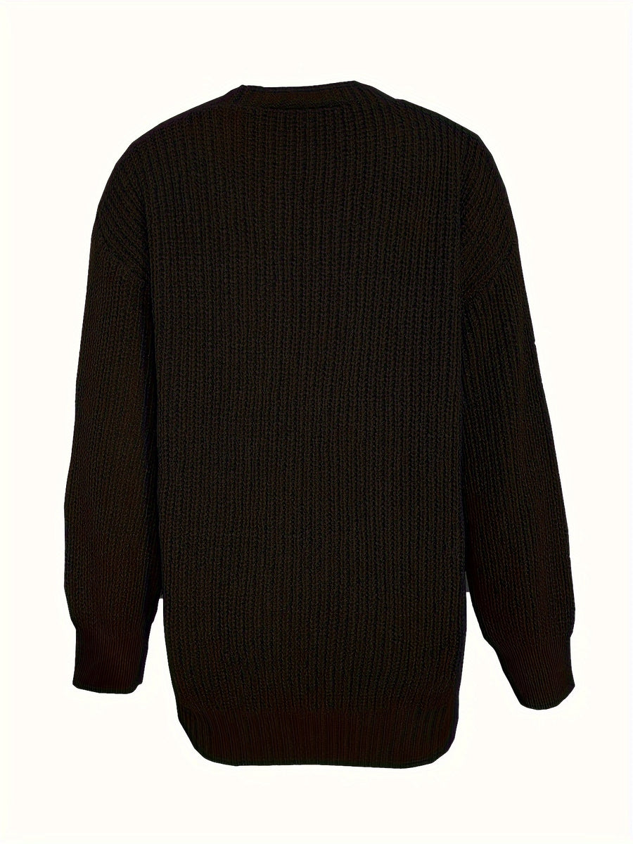 Casual V-Neck Single-Button Sweater Women'S Fall Winter Outerwear Top - Black