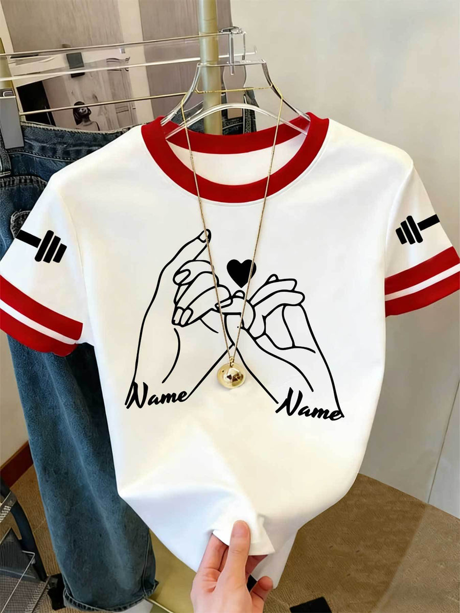 20pcs Women's Colorblock T-Shirt Single Piece, Hand-Drawn Line Art Couple Holding Hands with Heart Print, Colorblock Summer  Sleeve Crew Neck Short Sleeve T-Shirt - Breathable Crew Neck Casual Sport Top, Loose Fit Spring Festival Trendy Apparel - Red+white