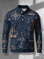 Men's Contrast Color Long Sleeve Polo Shirt, Lapel Collar Three-Button Casual Top with Vintage Nautical Manuscript Print, Versatile Men's Apparel for Spring/Autumn Business Commuting and Golf, Surprise Birthday/Holiday Gift for Young Men - Mixed Color G