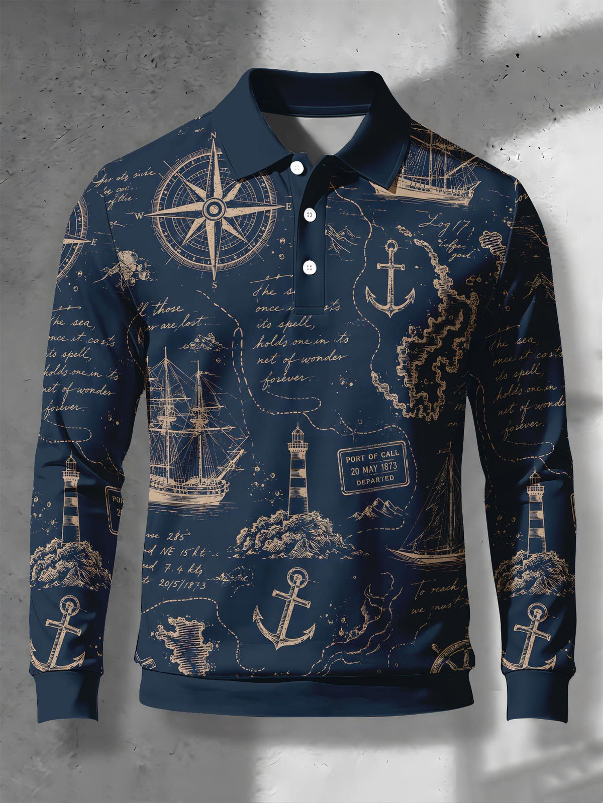 Men's Contrast Color Long Sleeve Polo Shirt, Lapel Collar Three-Button Casual Top with Vintage Nautical Manuscript Print, Versatile Men's Apparel for Spring/Autumn Business Commuting and Golf, Surprise Birthday/Holiday Gift for Young Men - Mixed Color G