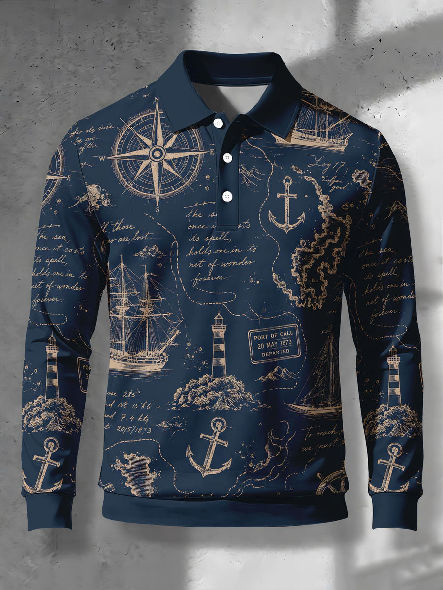 Men's Contrast Color Long Sleeve Polo Shirt, Lapel Collar Three-Button Casual Top with Vintage Nautical Manuscript Print, Versatile Men's Apparel for Spring/Autumn Business Commuting and Golf, Surprise Birthday/Holiday Gift for Young Men - Mixed Color G