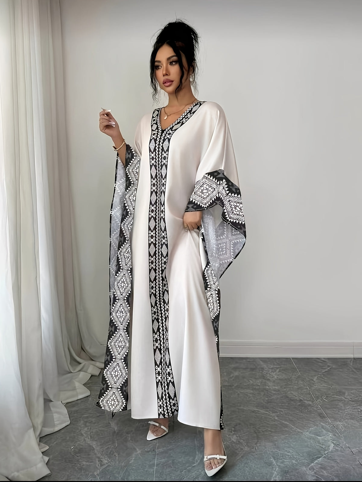 Women'S Fashion New Arrival, Elegant Placement Print V-Neck Long Batwing Sleeve Dress, Suitable for Spring/Summer Vacation - Mixed colors