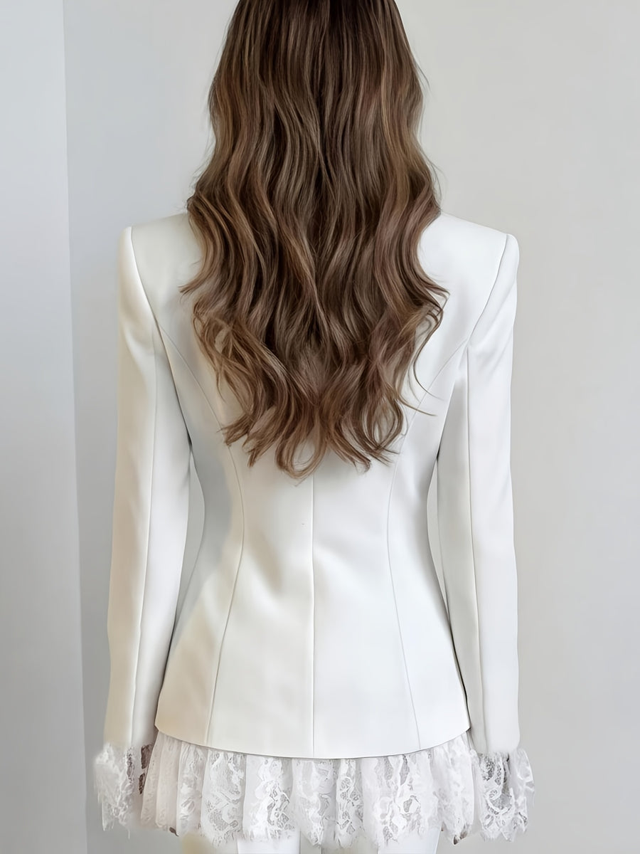 New Vintage Elegant Lace Ruffle Blazer, Stand Collar, Waist-Cinching, Single-Breasted Pearl Buttons, Long Sleeves, Irregular Lace Patchwork Evening Suit Jacket - White