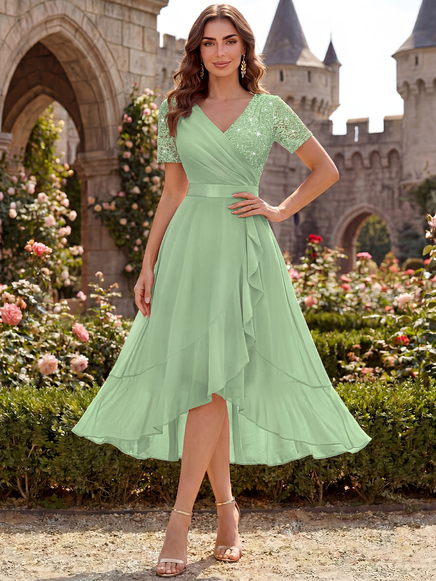 Women'S Elegant V-Neck Lace Chiffon Ruffled Trim Slit Wedding Party Long Dress - Mint Green