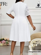 Women's Elegant Party Style Solid Color Lace Spliced Midi Dress, Easter Formal Dress, Women's Graduation Gown, Wedding Guest Attire, Women's Vacation Bohemian Cruise Outfit, Women's Formal Gown, Accessories Not Included - Ivory White