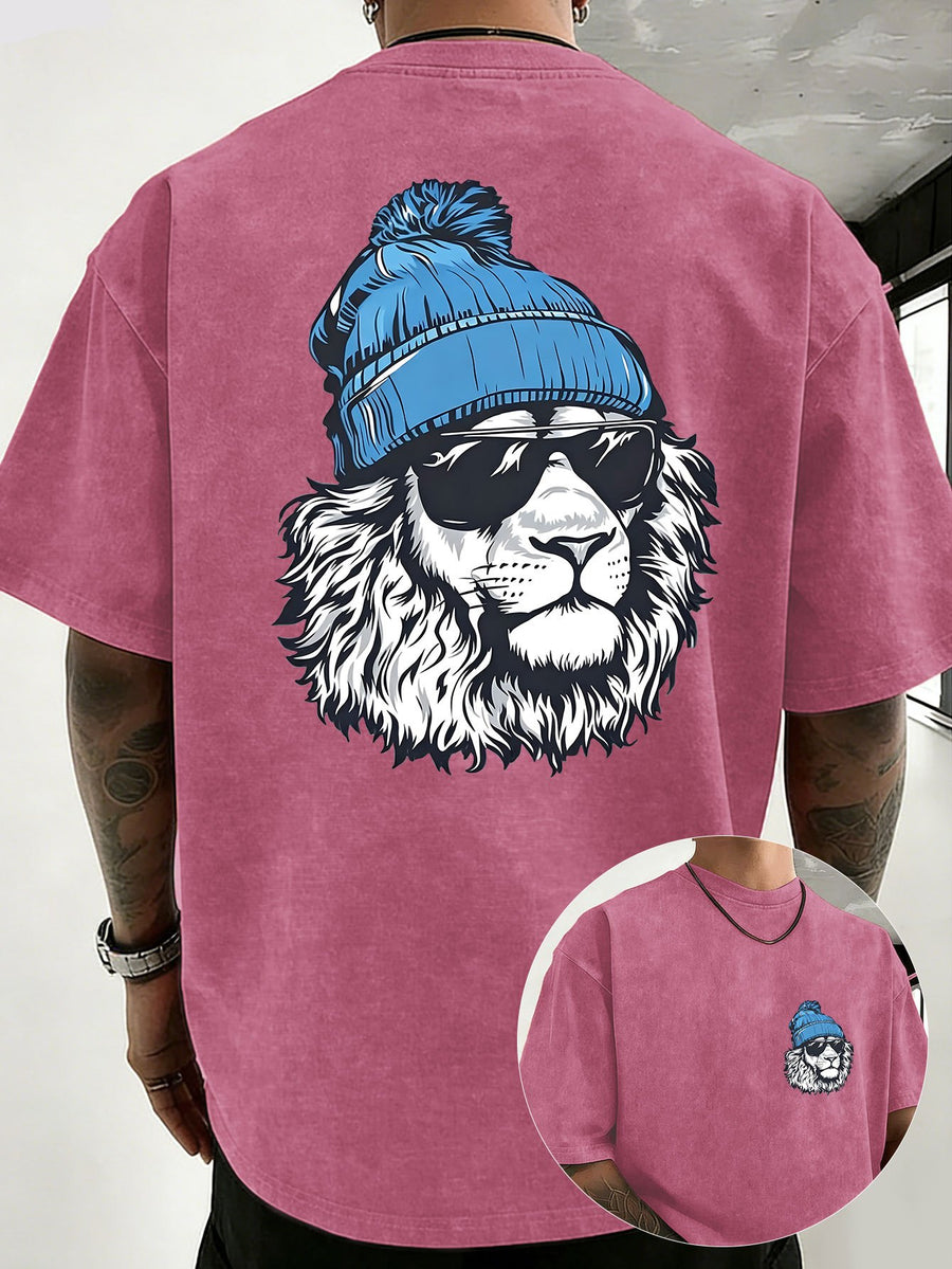 Men's Heavyweight Washed Distressed Loose-Fit Short-Sleeve T-Shirt with Reversible Print, Available in 12 Colors for Mix & Match, National Trend Y2K Style for Daily Commuting, Sports, Fitness, Couples, Streetwear, and Outings - Rose Red