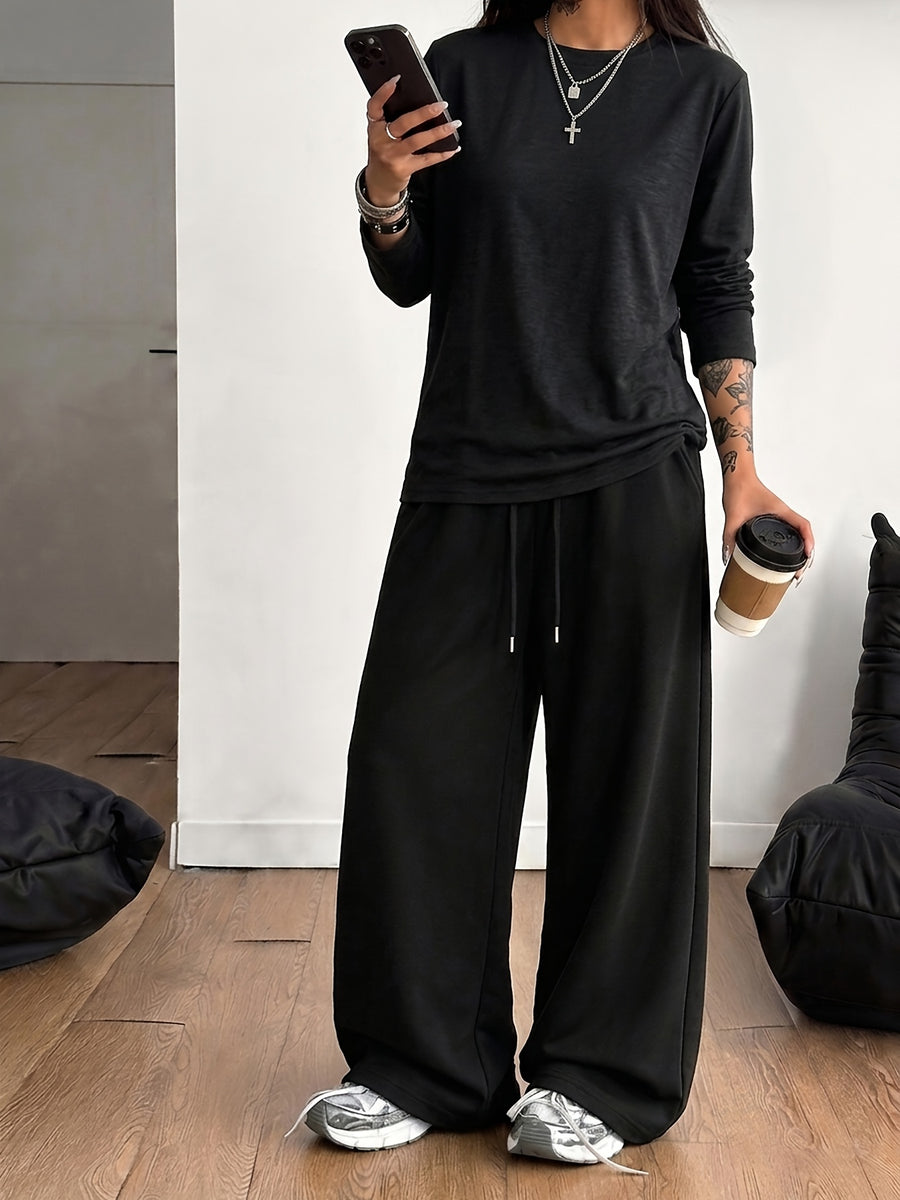 Women's 2pcs Set: Round Neck Loose-Fit Versatile Casual Sport Long Sleeve Top + Casual Sport Long Pants - Black+black