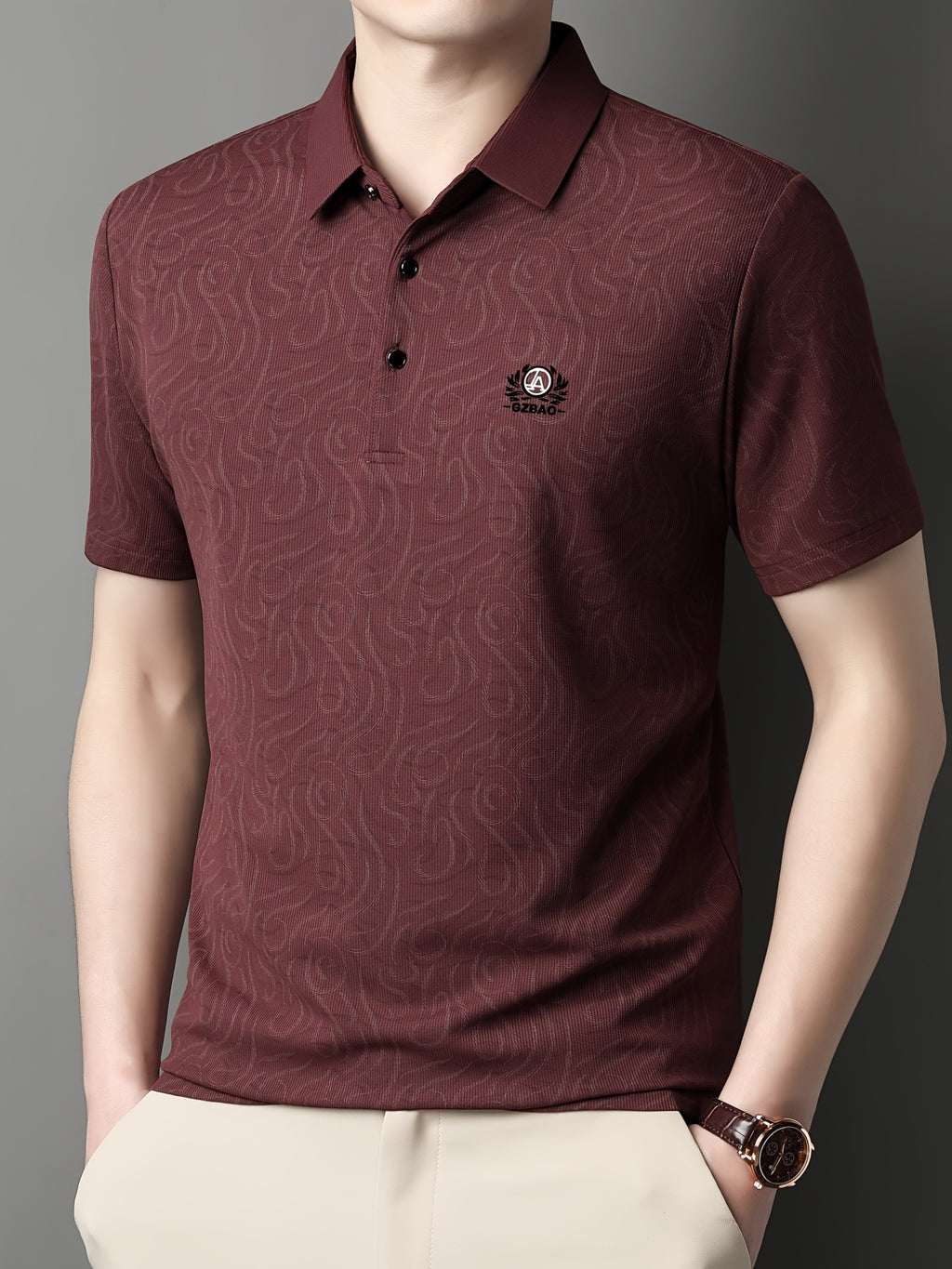 [Saa Xing OBM] 1pc Spring/Autumn New Men'S Polo Shirt, Old Money Style Textured Contrast Print Half-Button Collar Short Sleeve T-Shirt, Fashionable And Versatile Pullover Base Layer Top, Suitable for Spring, Summer, Autumn Wear, Fits Daily Casual - Burgundy color