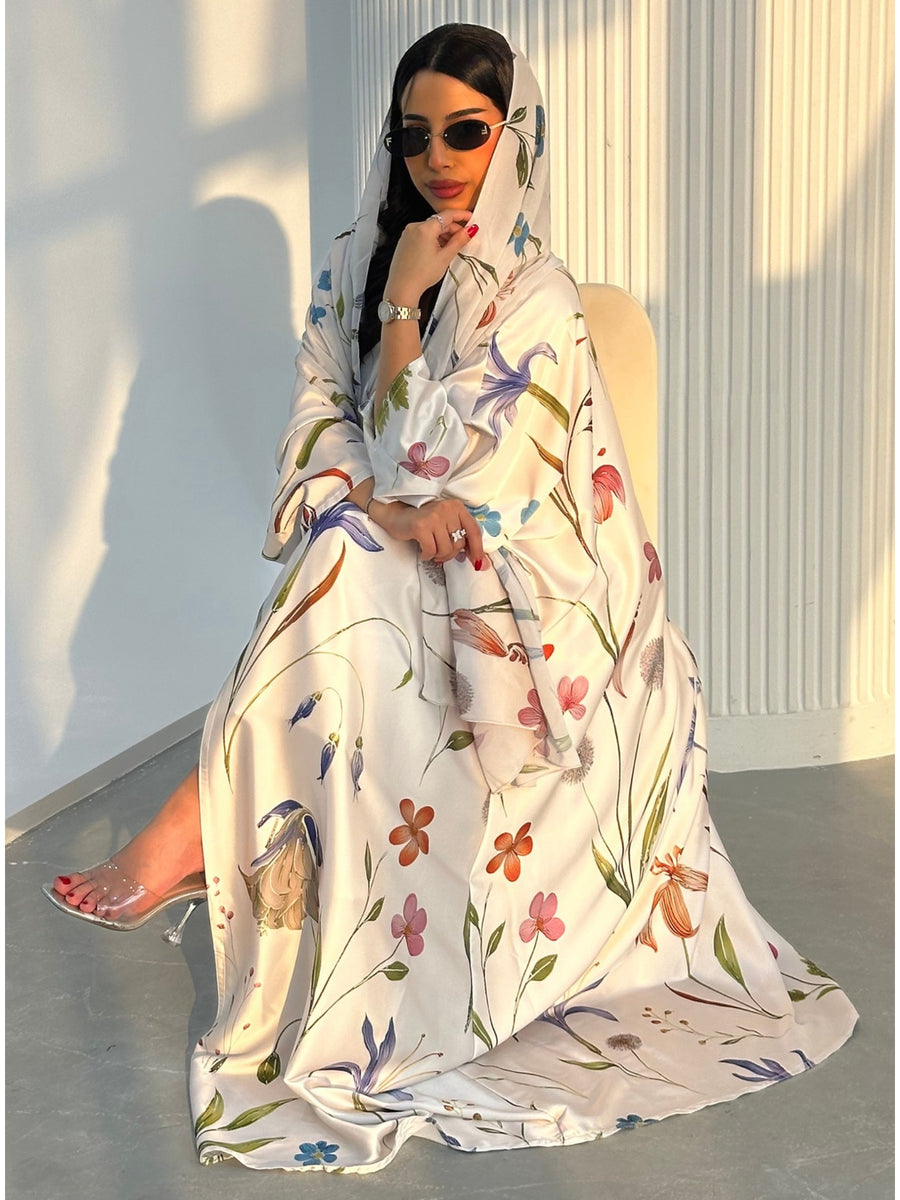 Elegant Print Abaya 2pcs Set with Hijab | Muslim Women Open Front Long Kaftan - White