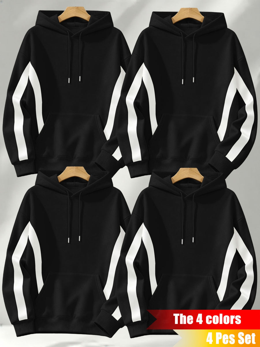 4pcs Set: Autumn/Winter Men's Pullover Hooded Sweatshirt with Diagonal Contrast Color Line Cut on Sleeves, Street Style Top. Features Adjustable Drawstring and Large Kangaroo Pocket for Storing Phones and Small Items. Made of Skin-Friendly - Black + Black + Black + Black
