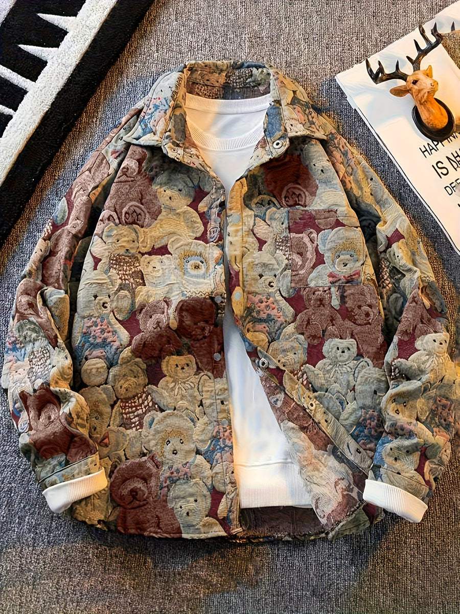 Men'S American Retro All-Over Floral Woven Teddy Bear Shirt Jacket, Men'S Autumn Premium Trendy Brand Bad Boy Influencer Casual Shirt - Brick Red