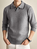 Autumn Winter Knit 3D Solid Color Lapel Polo Sweater, Basic Knit Pullover Top for Men, Fashionable Long Sleeve Sweater, Size S - Light Grey