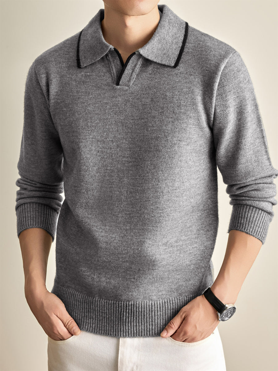Autumn Winter Knit 3D Solid Color Lapel Polo Sweater, Basic Knit Pullover Top for Men, Fashionable Long Sleeve Sweater, Size S - Light Grey