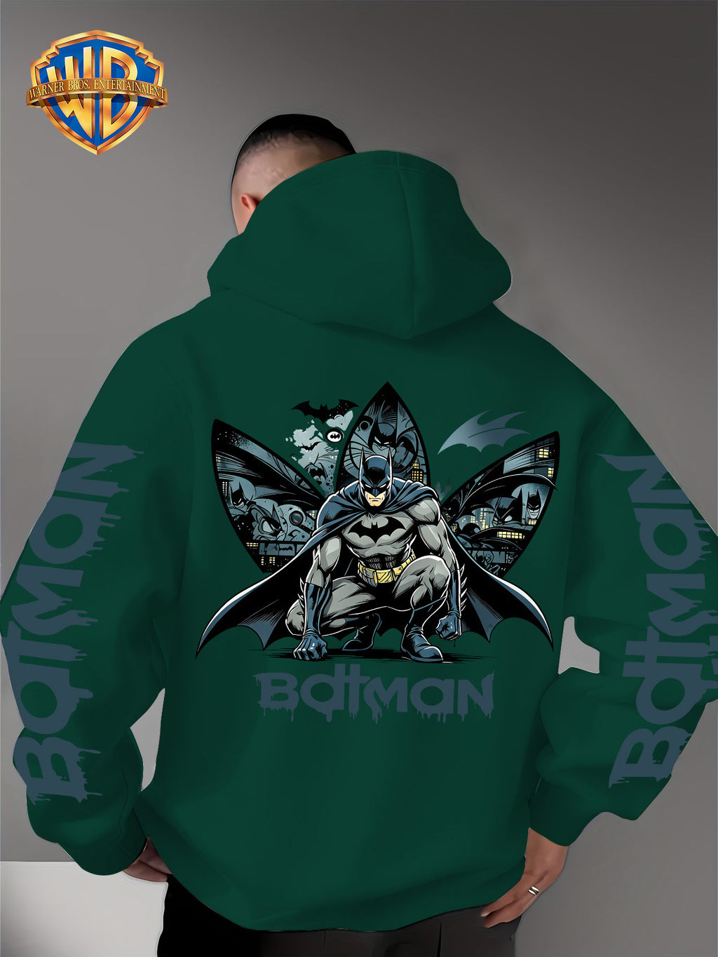 Warner Bros. Official 1pc Men's Hooded Long-Sleeve Sweatshirt - Batman Gotham Night Scene Multi-Panel Print + BATMAN Drip Graffiti Letter Creative Graphic Print, Letter Print on Both Sleeves, Cool DC Superhero IP Graphic Hoodie, Skin-Friendly - Green