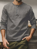 Men's Casual T-Shirt, Spring/Autumn Style, In Stock, American-Style Henry Collar Vintage Long-Sleeve T-Shirt, Men's Tough Guy Streetwear Brand, Simple Outerwear Base Layer Top for Men - Grey