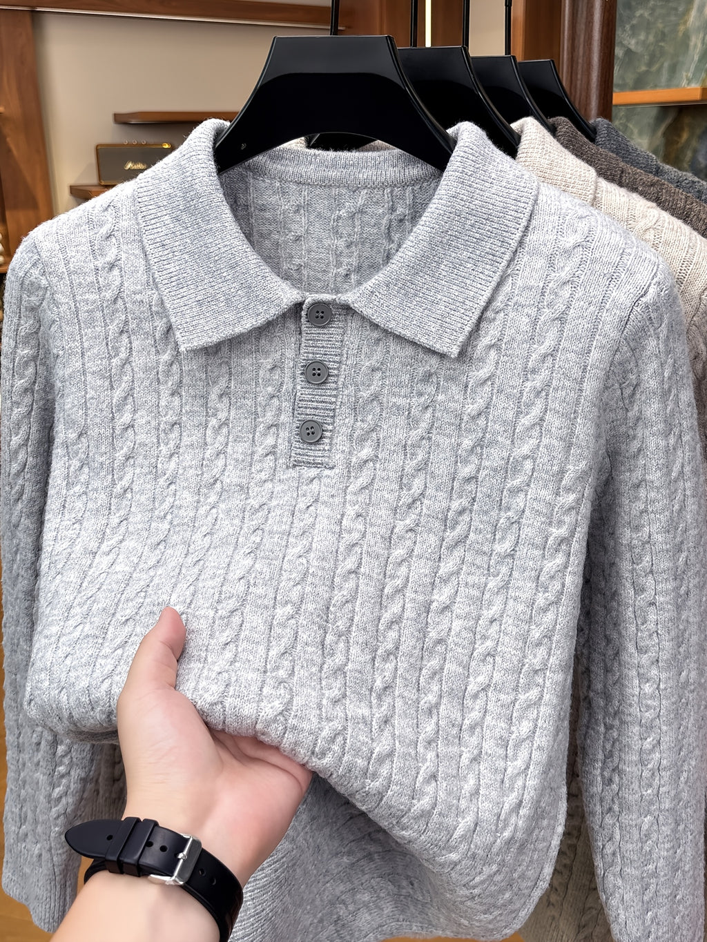 Men's Lapel-neck Autumn/winter Warm Sweater, Classic Cable Knit Texture with Soft, Skin-friendly Fabric, Casual and Fashionable Everyday Knitwear - Light Grey